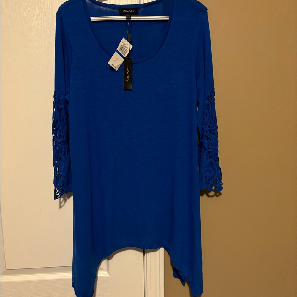Melissa Paige Royal Blue Crochet Sleeve Tunic Size XL - Picture 3 of 6